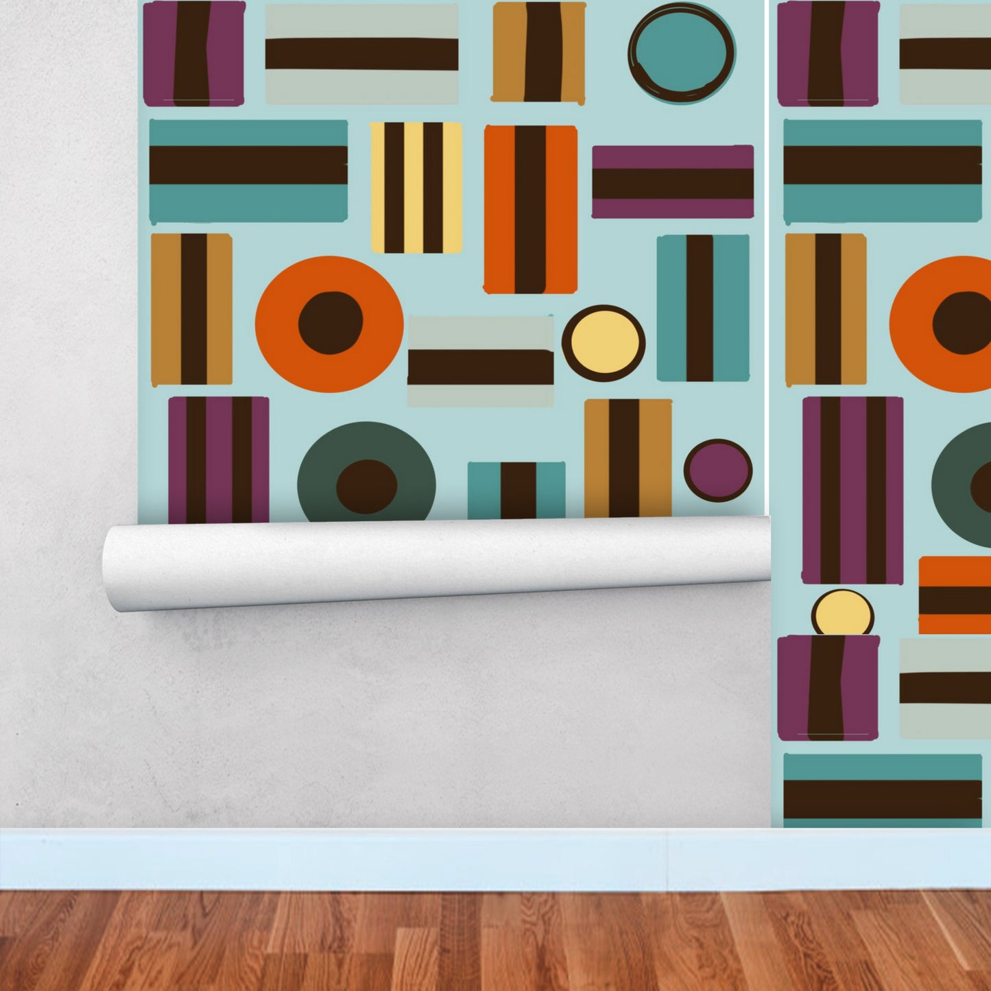 Geo retro pill and stick roll of Wallpaper