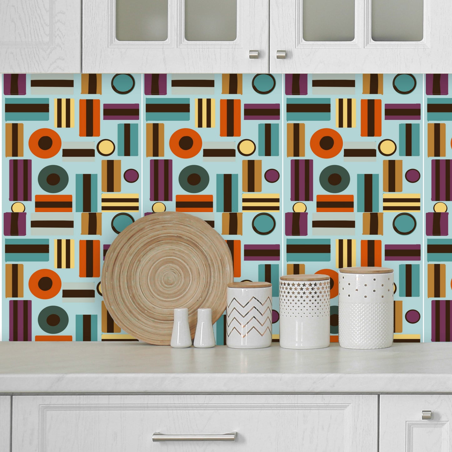 Geo retro pill and stick roll of Wallpaper